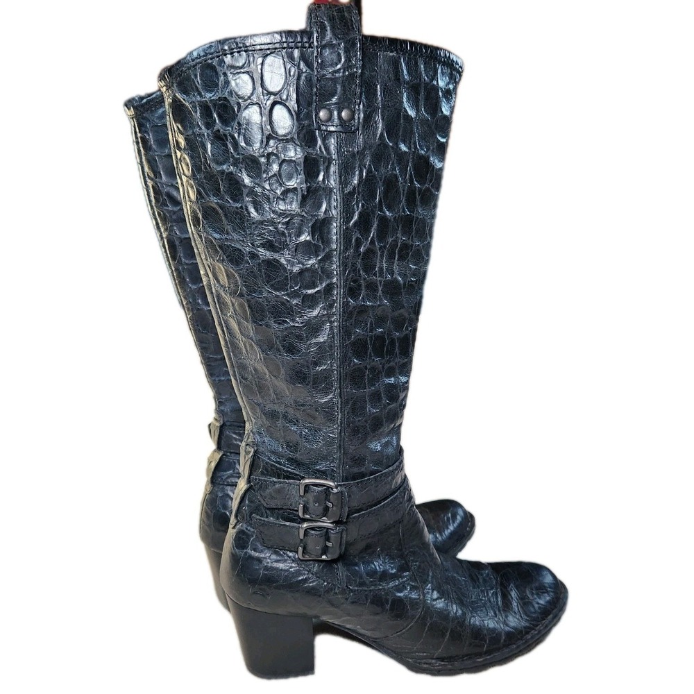 BØRN Lewisa Leather Riding Boot Womens 7.5 Black Textured Croc Embossed Heeled - Picture 2 of 11